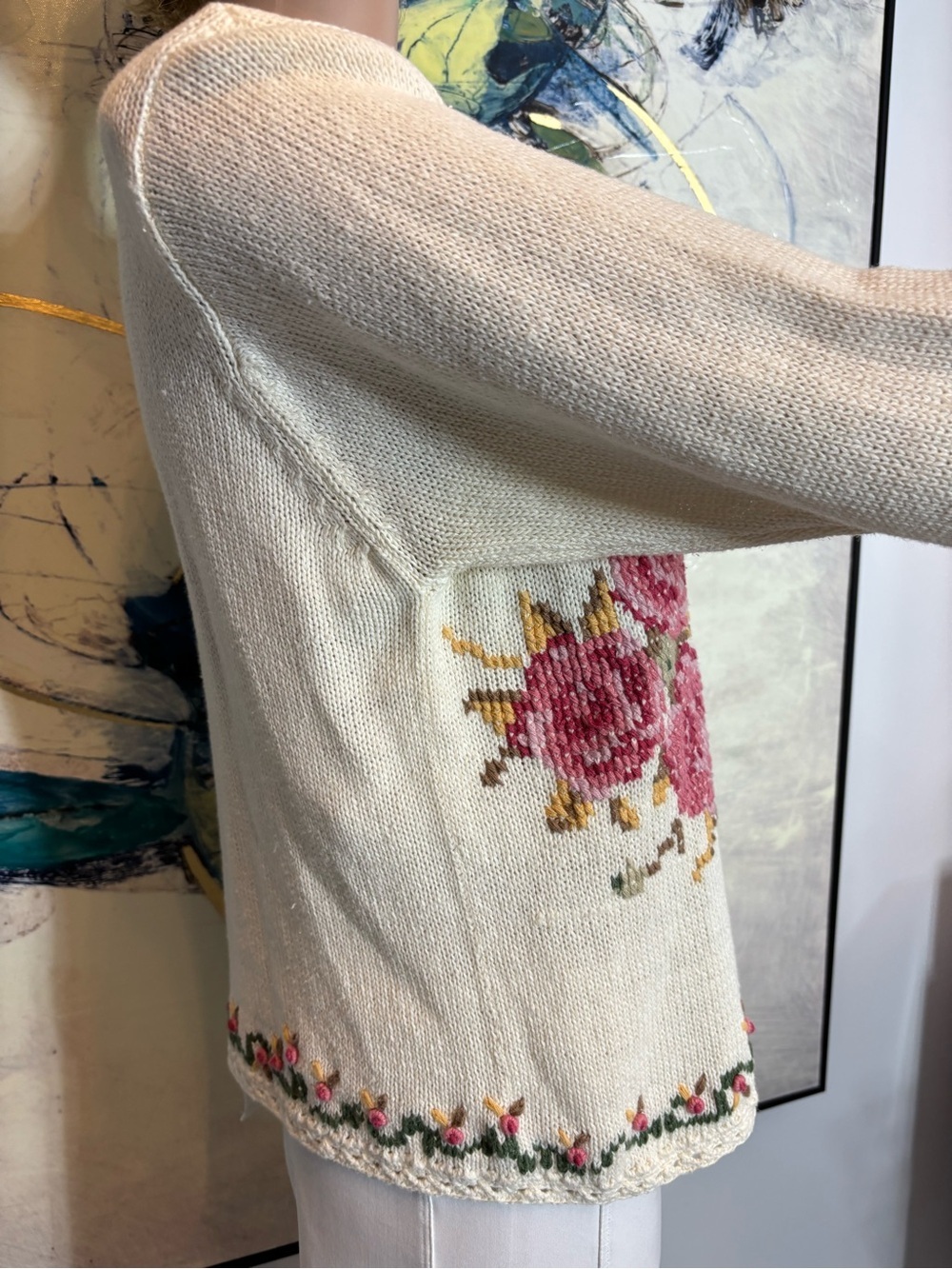 Cream Floral V-Neck Sweater with Pink Rose Embroidery - Picture 7 of 13